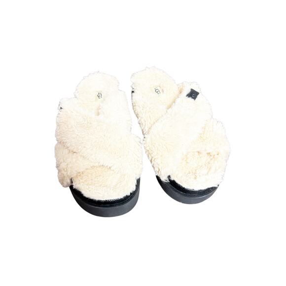 UGG Fuzz Sugar Cream Black Cross Platform Slip On Slide Slippers Women’s Size 9 - Picture 3 of 8